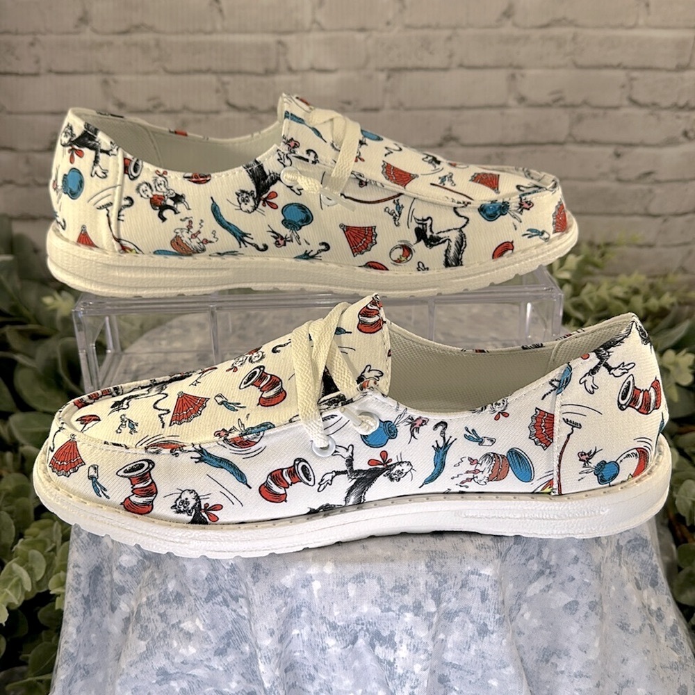 Dr. Seuss “Cat in the Hat” White Canvas Cartoon Print Sneakers WMS 9.5M🌟NWOT - Picture 5 of 9